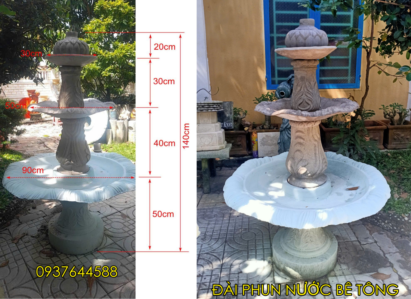 Đài phun nước bê tông 3 tầng cao 1,4m